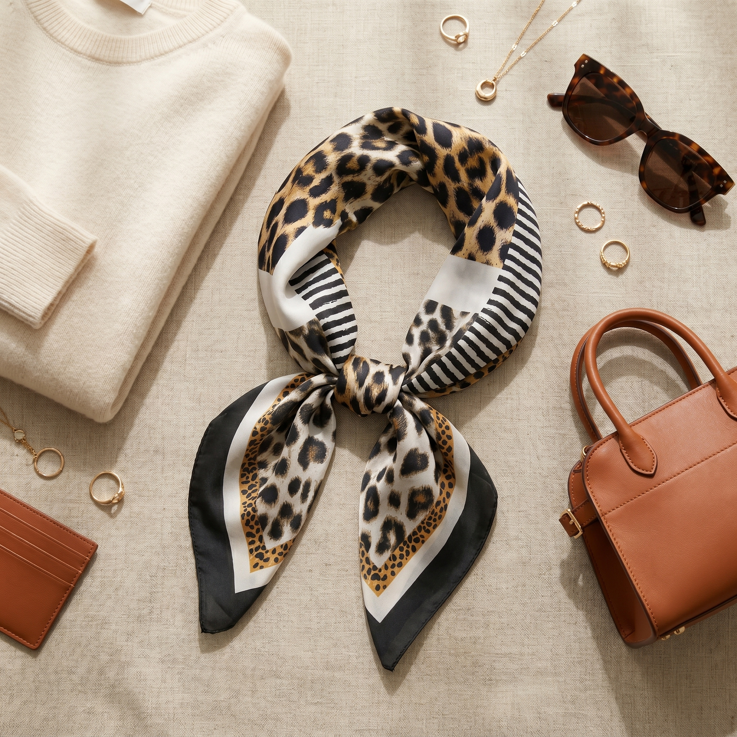 Roselys Paris foulard femme blanc noir animalier carré satiné 70x70 cm, porté au cou