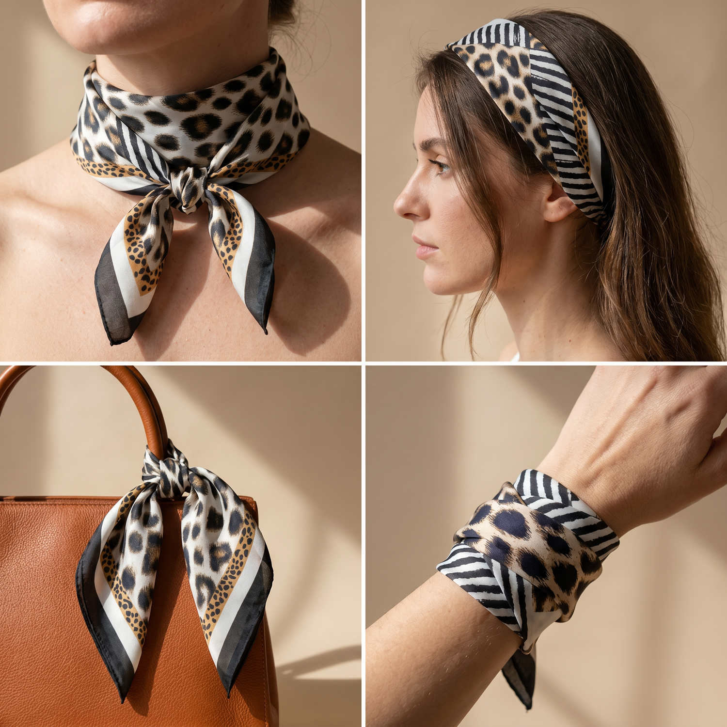 Roselys Paris foulard femme blanc noir animalier carré satiné 70x70 cm, en bandeau dans les cheveux
