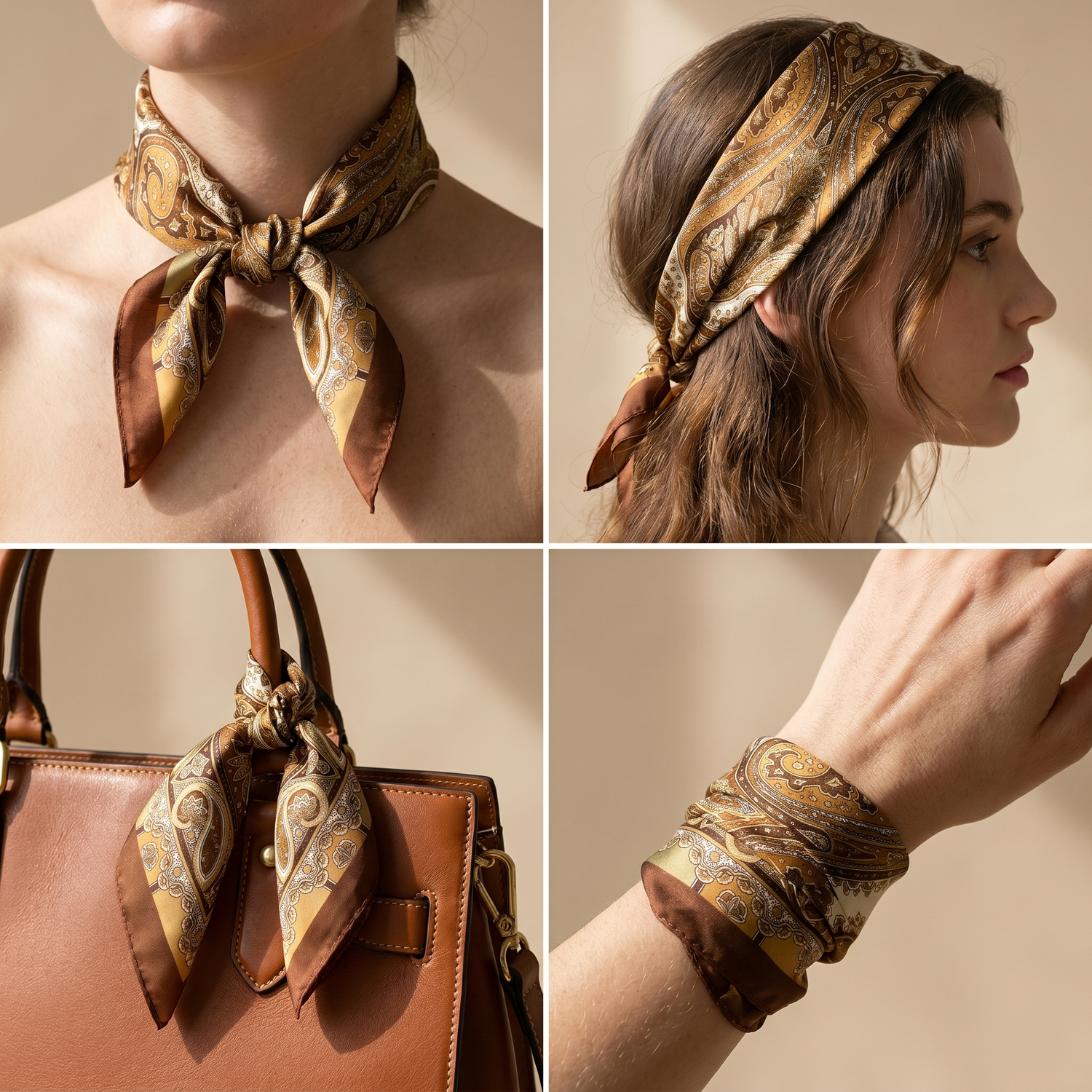Roselys Paris foulard femme marron doré paisley carré satiné 70x70 cm, en bandeau dans les cheveux