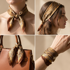 Roselys Paris foulard femme marron doré paisley carré satiné 70x70 cm, en bandeau dans les cheveux