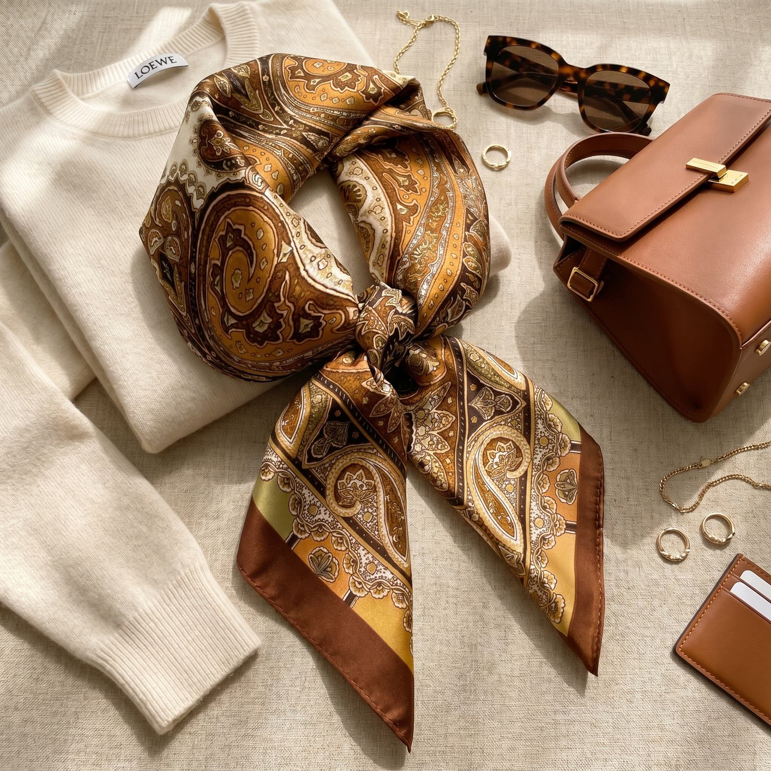 Roselys Paris foulard femme marron doré paisley carré satiné 70x70 cm, porté au cou