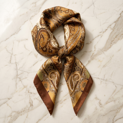 Roselys Paris foulard femme marron doré paisley carré satiné 70x70 cm