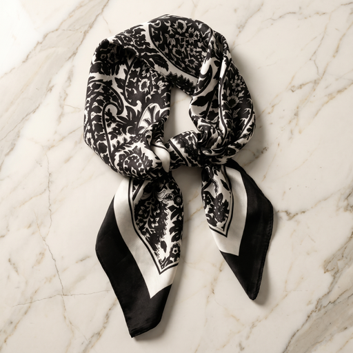 Roselys Paris foulard femme noir blanc paisley carré satiné 70x70 cm