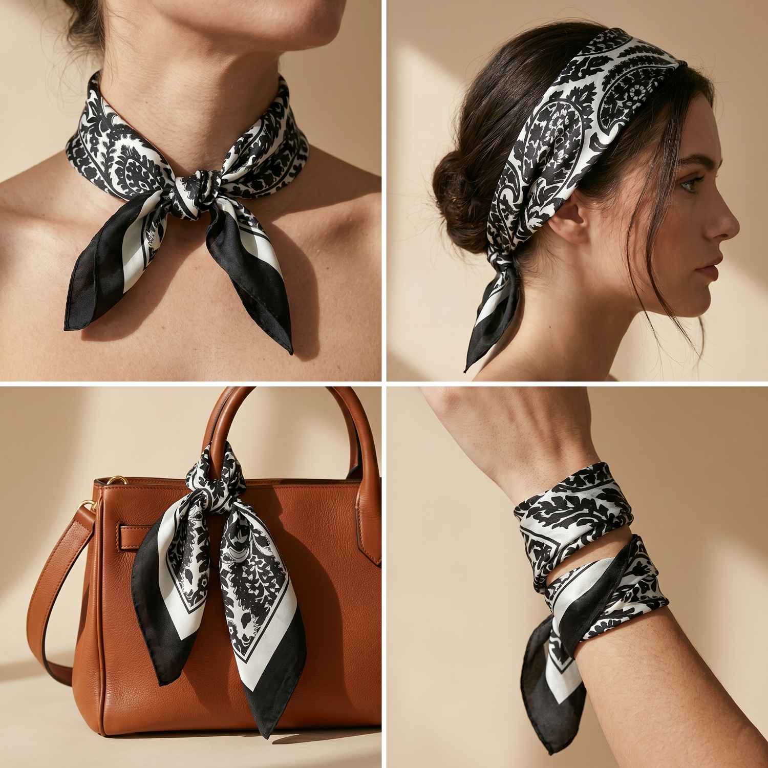 Roselys Paris foulard femme noir blanc paisley carré satiné 70x70 cm, en bandeau dans les cheveux