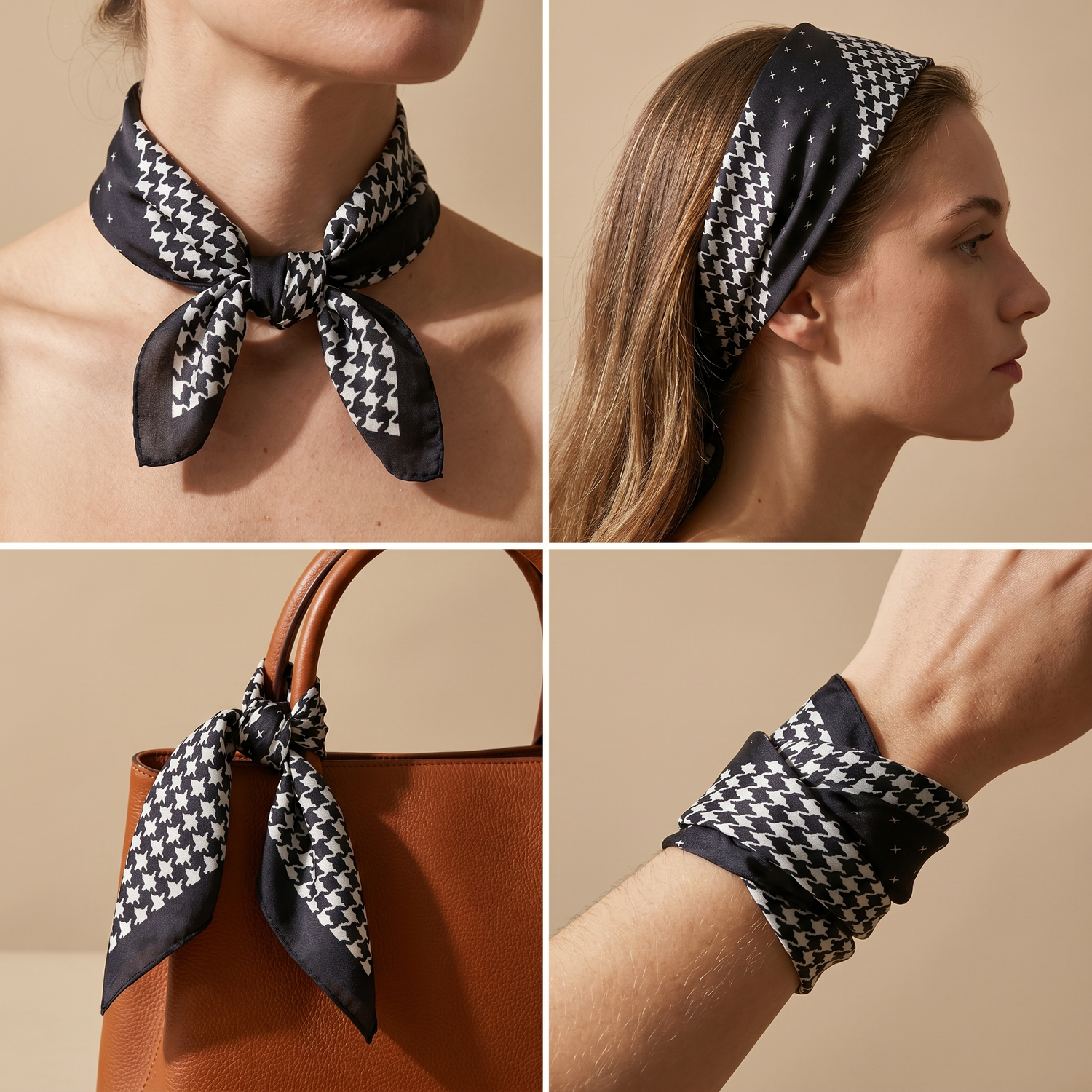 Roselys Paris foulard femme marine blanc carreaux carré satiné 70x70 cm, en bandeau dans les cheveux