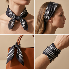 Roselys Paris foulard femme marine blanc carreaux carré satiné 70x70 cm, en bandeau dans les cheveux