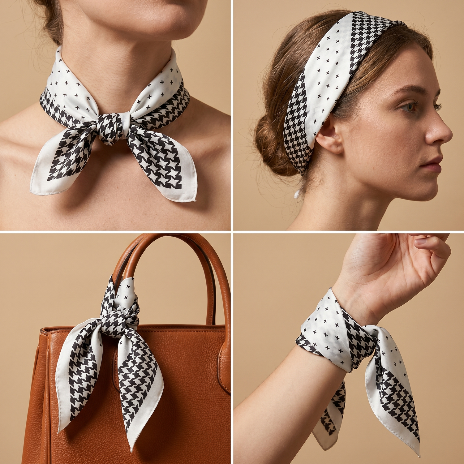 Roselys Paris foulard femme blanc noir carreaux carré satiné 70x70 cm, en bandeau dans les cheveux