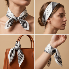 Roselys Paris foulard femme blanc noir carreaux carré satiné 70x70 cm, en bandeau dans les cheveux