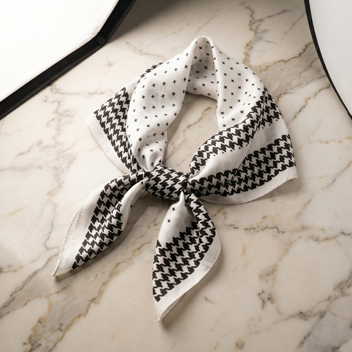 Roselys Paris foulard femme blanc noir carreaux carré satiné 70x70 cm