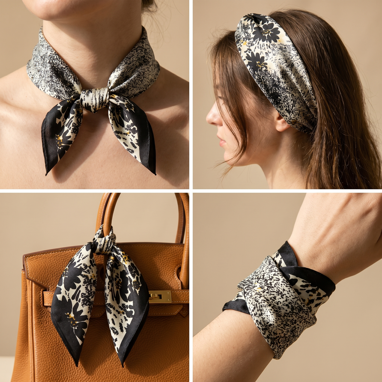 Roselys Paris foulard femme gris noir paisley carré satiné 70x70 cm, en bandeau dans les cheveux