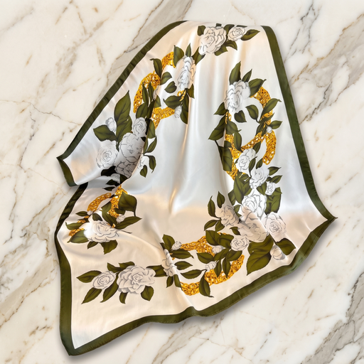 Roselys Paris foulard femme blanc vert fleuri carré satiné 70x70 cm