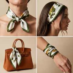 Roselys Paris foulard femme blanc vert fleuri carré satiné 70x70 cm, en bandeau dans les cheveux