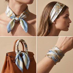 Roselys Paris foulard femme crème bleu baroque carré satiné 70x70 cm, en bandeau dans les cheveux