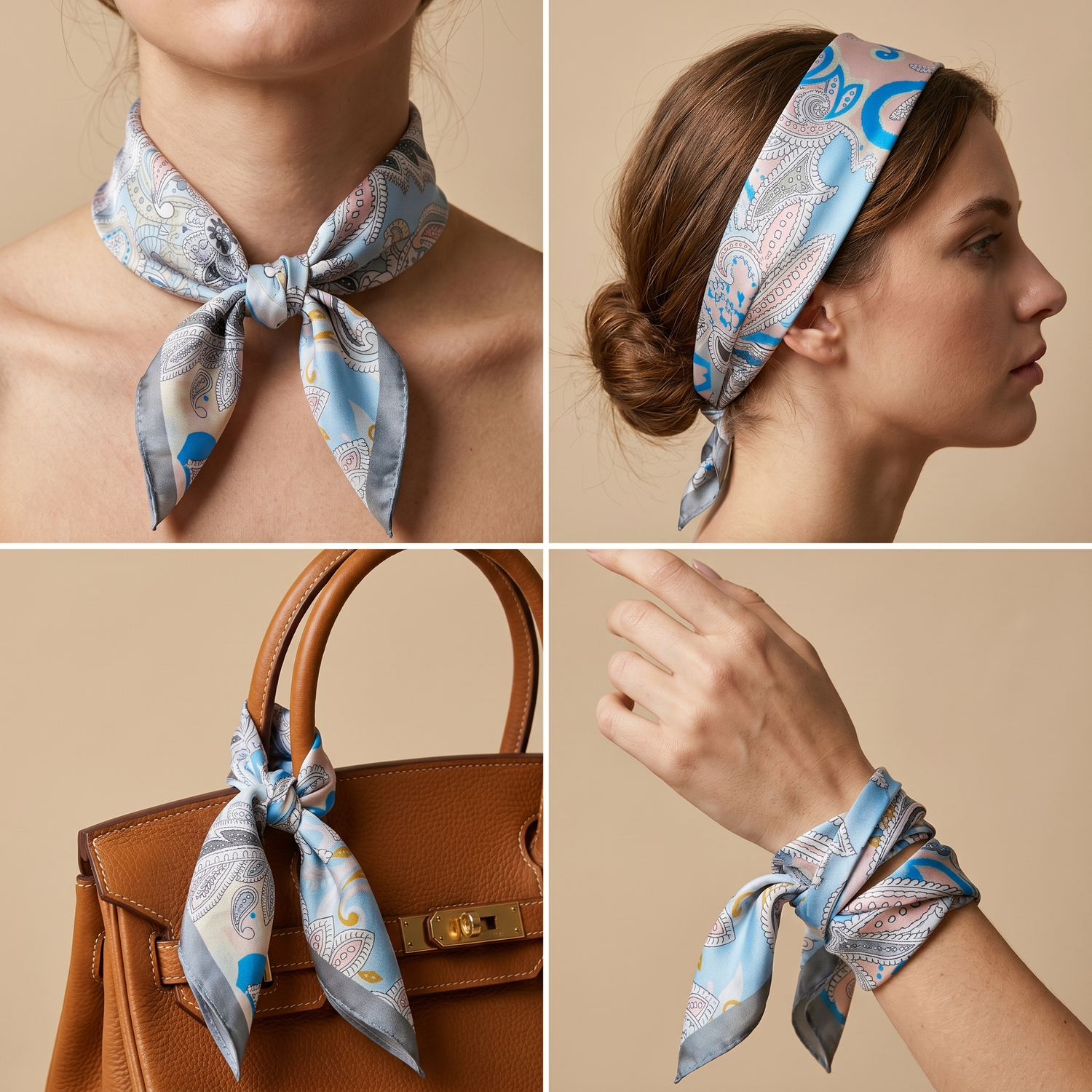 Roselys Paris foulard femme blanc bleu abstrait carré satiné 70x70 cm, en bandeau dans les cheveux