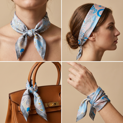 Roselys Paris foulard femme blanc bleu abstrait carré satiné 70x70 cm, en bandeau dans les cheveux