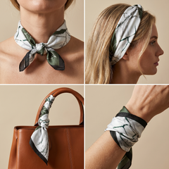 Roselys Paris foulard femme blanc gris fleuri carré satiné 70x70 cm, en bandeau dans les cheveux