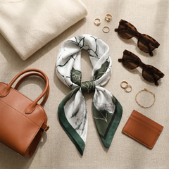 Roselys Paris foulard femme blanc gris fleuri carré satiné 70x70 cm, porté au cou