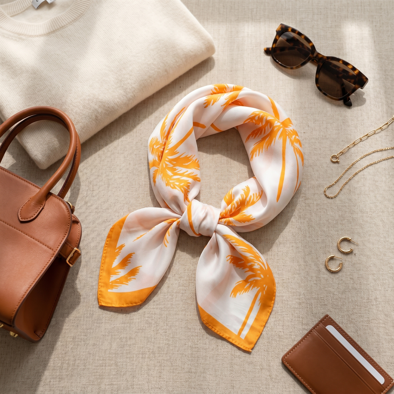 Roselys Paris foulard femme blanc orange fleuri carré satiné 70x70 cm, porté au cou