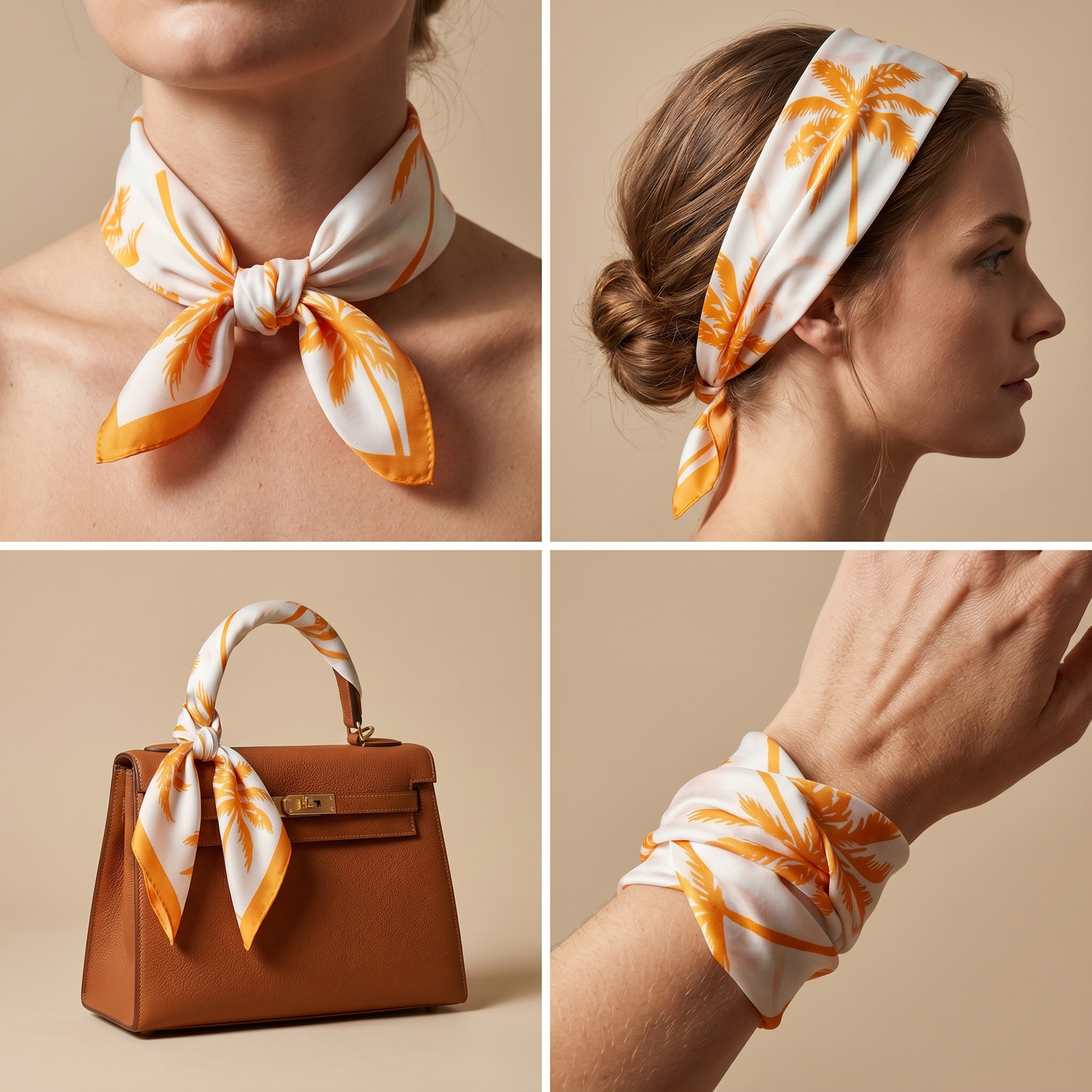 Roselys Paris foulard femme blanc orange fleuri carré satiné 70x70 cm, en bandeau dans les cheveux
