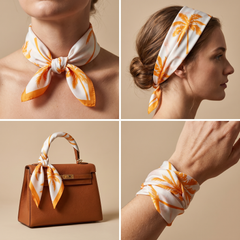 Roselys Paris foulard femme blanc orange fleuri carré satiné 70x70 cm, en bandeau dans les cheveux