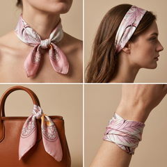 Roselys Paris foulard femme rose crème fleuri carré satiné 70x70 cm, en bandeau dans les cheveux