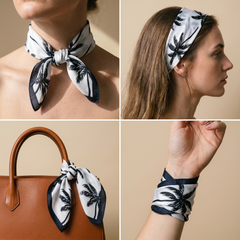 Roselys Paris foulard femme blanc noir fleuri carré satiné 70x70 cm, en bandeau dans les cheveux