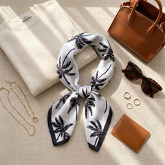 Roselys Paris foulard femme blanc noir fleuri carré satiné 70x70 cm, porté au cou