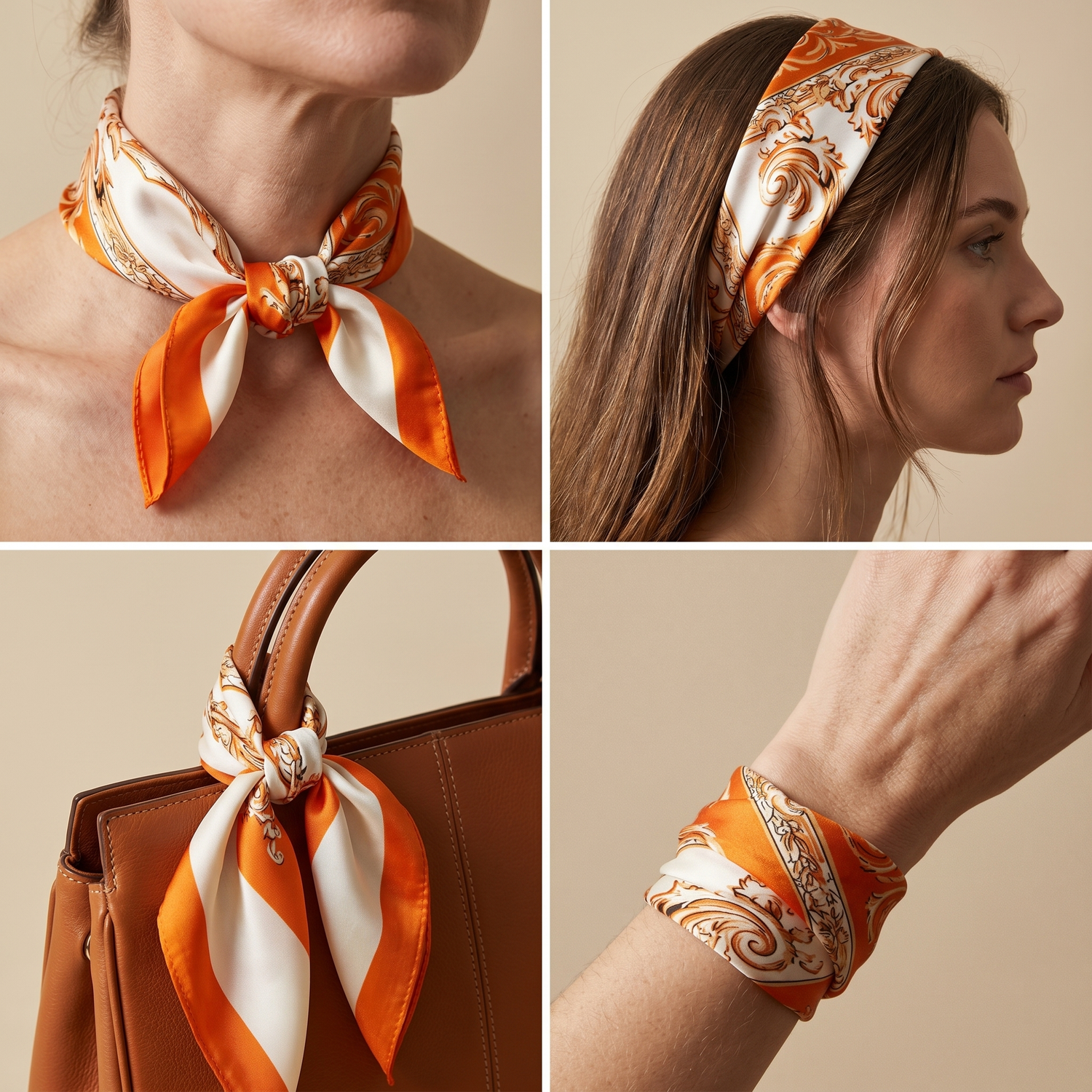 Roselys Paris foulard femme orange crème baroque carré satiné 70x70 cm, en bandeau dans les cheveux