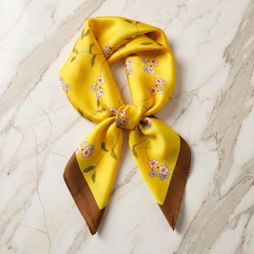 Roselys Paris foulard femme jaune marron fleuri carré satiné 70x70 cm