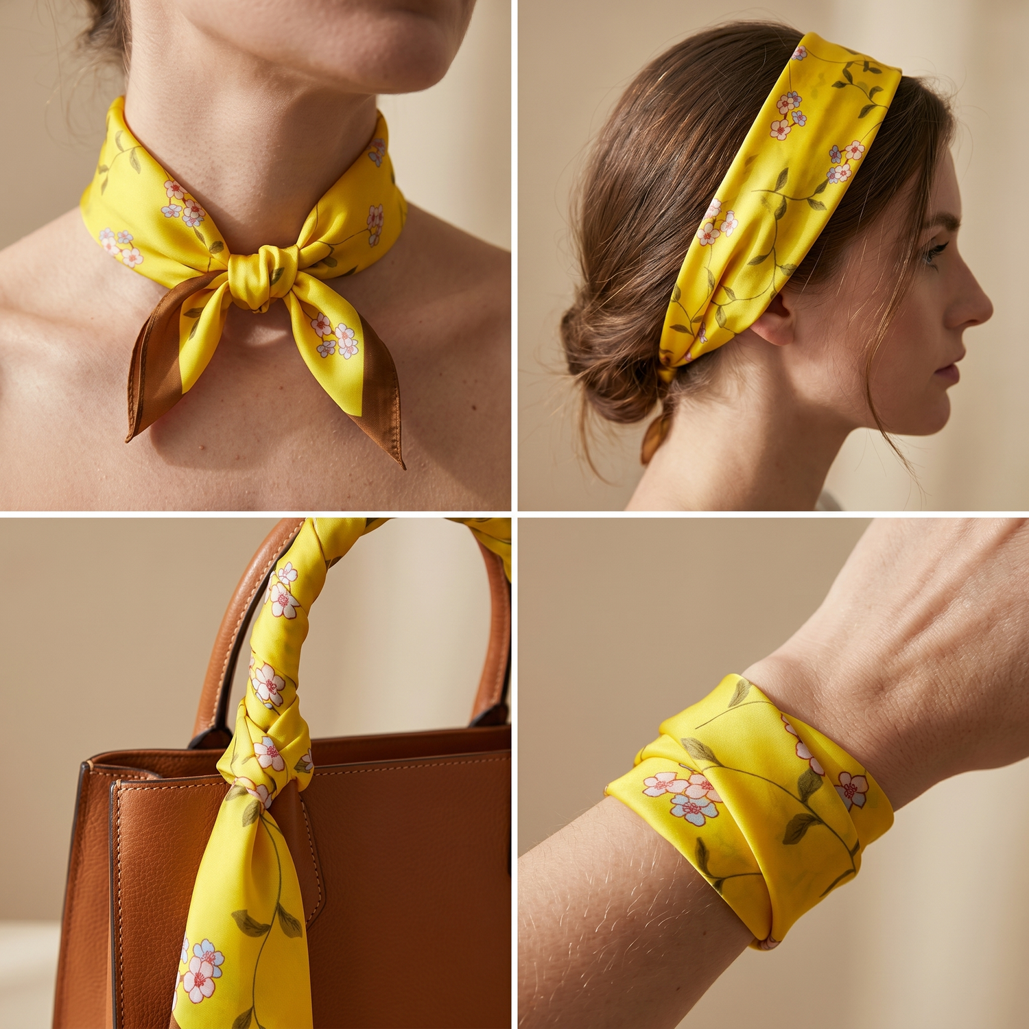 Roselys Paris foulard femme jaune marron fleuri carré satiné 70x70 cm, en bandeau dans les cheveux