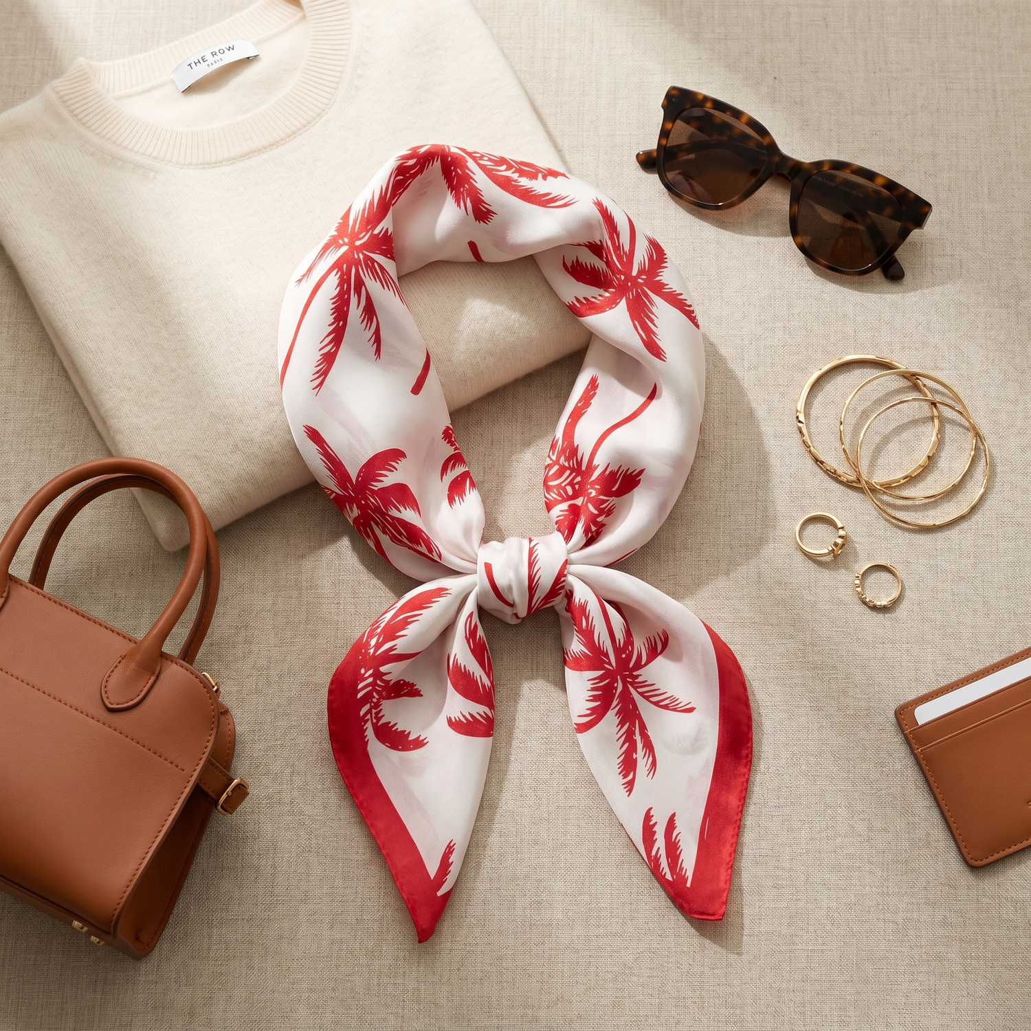Roselys Paris foulard femme blanc rose fleuri carré satiné 70x70 cm, porté au cou