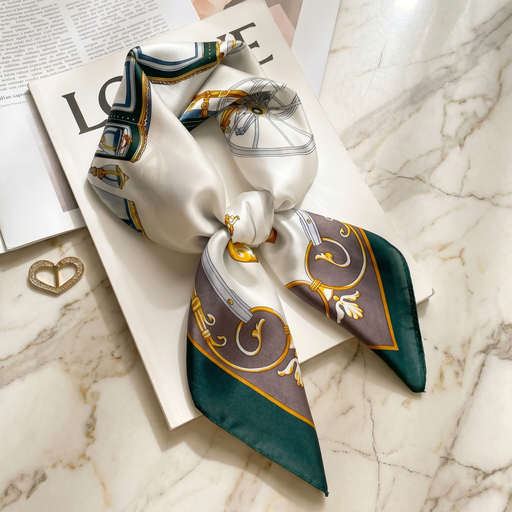 Roselys Paris foulard femme crème vert baroque carré satiné 70x70 cm