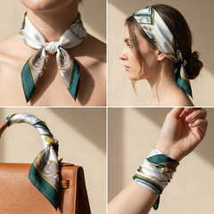 Roselys Paris foulard femme crème vert baroque carré satiné 70x70 cm, en bandeau dans les cheveux
