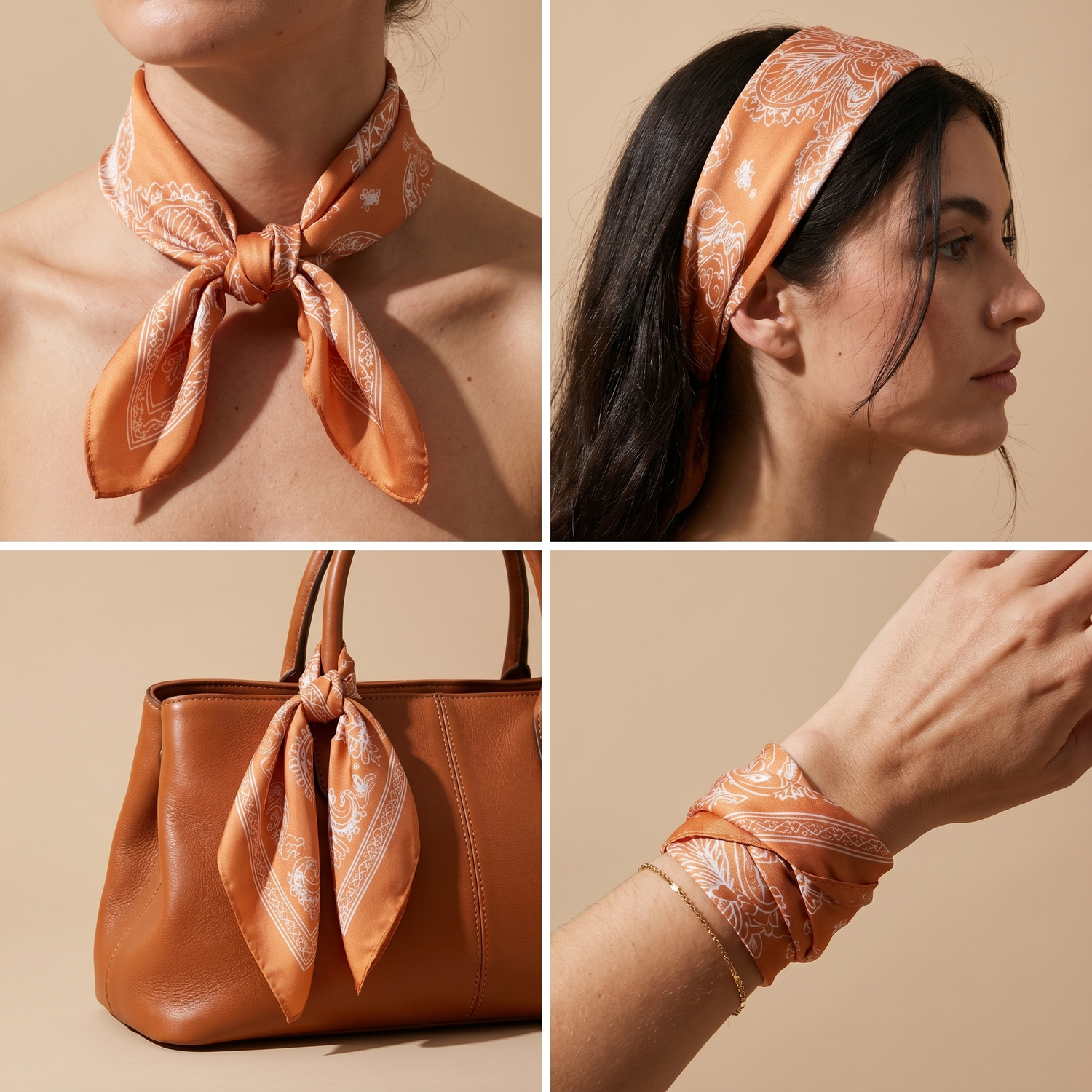 Roselys Paris foulard femme orange crème fleuri carré satiné 70x70 cm, en bandeau dans les cheveux