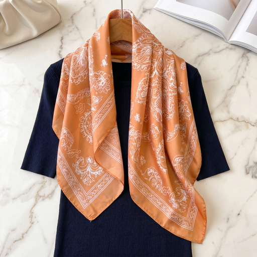 Roselys Paris foulard femme orange crème fleuri carré satiné 70x70 cm