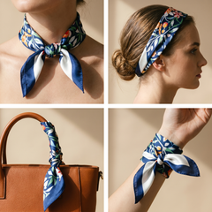 Roselys Paris foulard femme blanc orange fleuri carré satiné 70x70 cm, en bandeau dans les cheveux