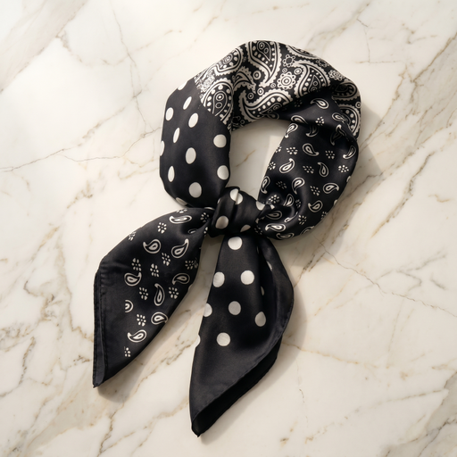 Roselys Paris foulard femme noir blanc géométrique carré satiné 70x70 cm