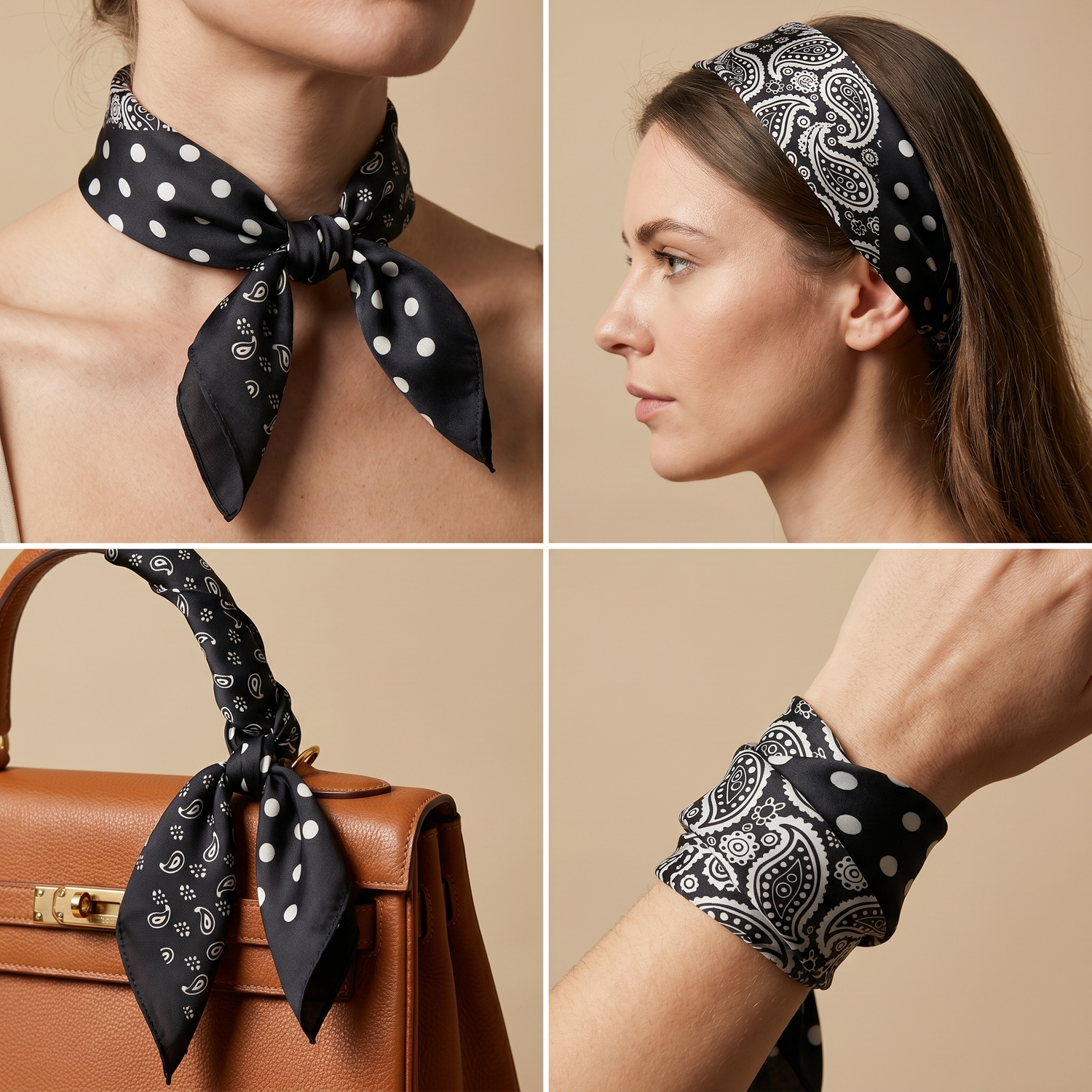 Roselys Paris foulard femme noir blanc géométrique carré satiné 70x70 cm, en bandeau dans les cheveux
