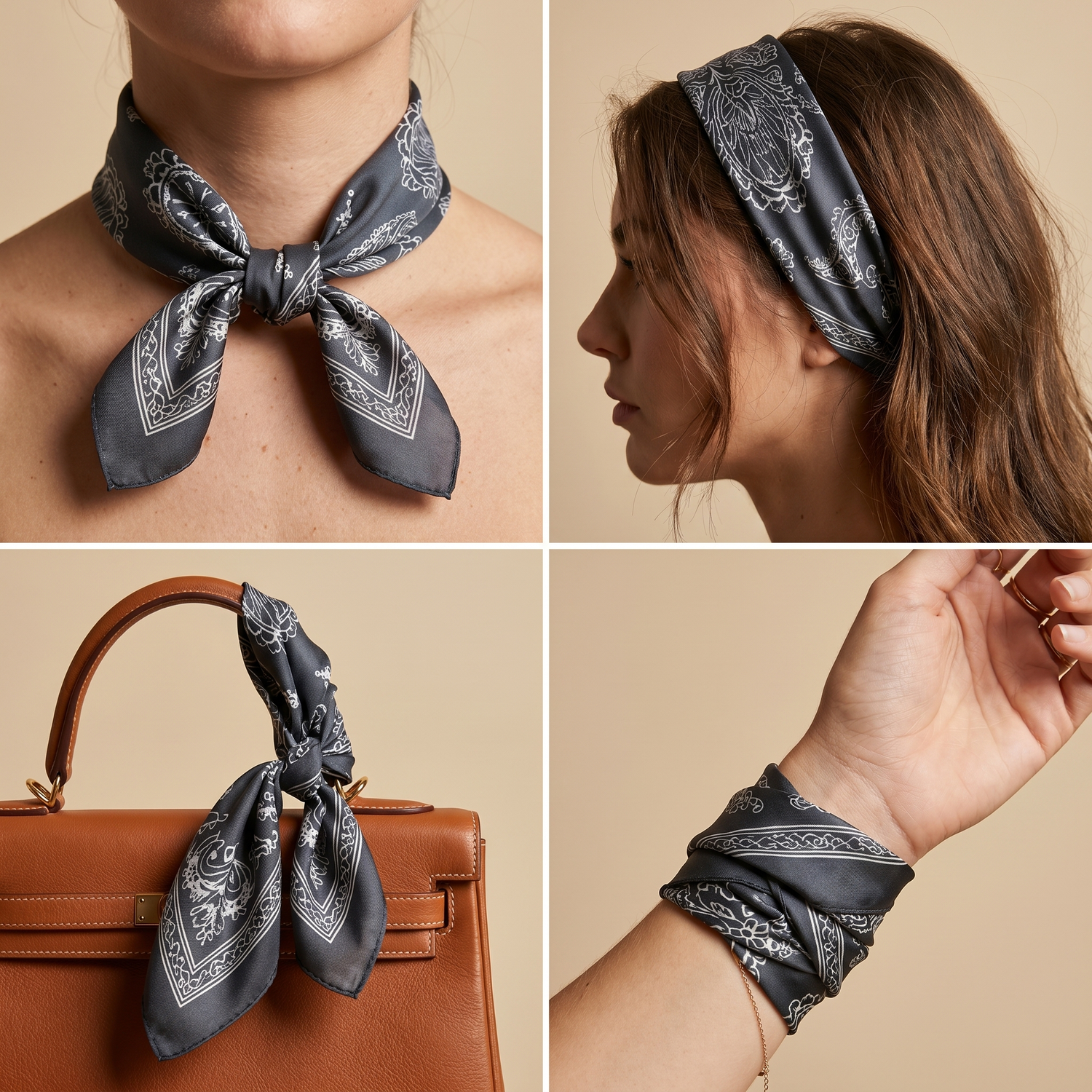 Roselys Paris foulard femme gris noir paisley carré satiné 70x70 cm, en bandeau dans les cheveux