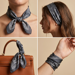 Roselys Paris foulard femme gris noir paisley carré satiné 70x70 cm, en bandeau dans les cheveux