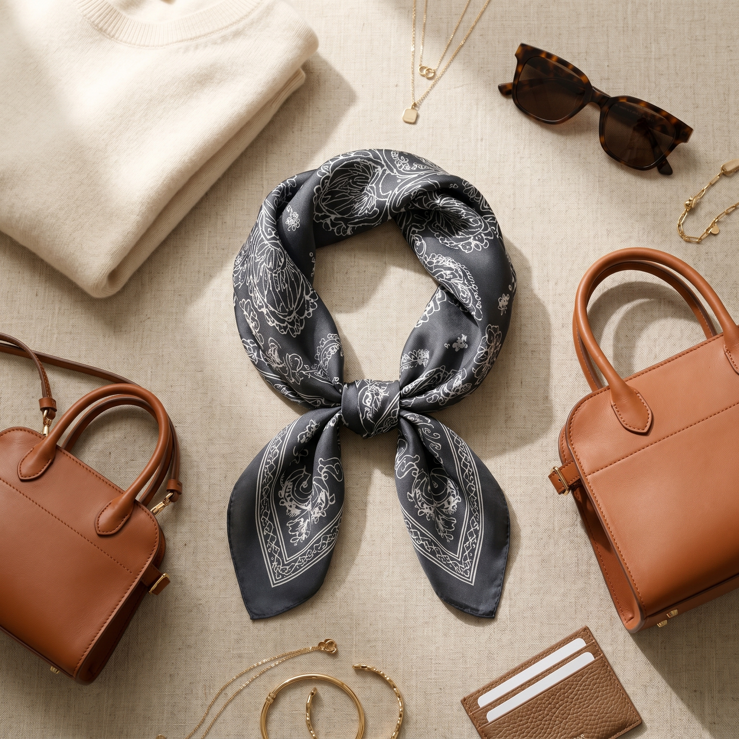 Roselys Paris foulard femme gris noir paisley carré satiné 70x70 cm, porté au cou