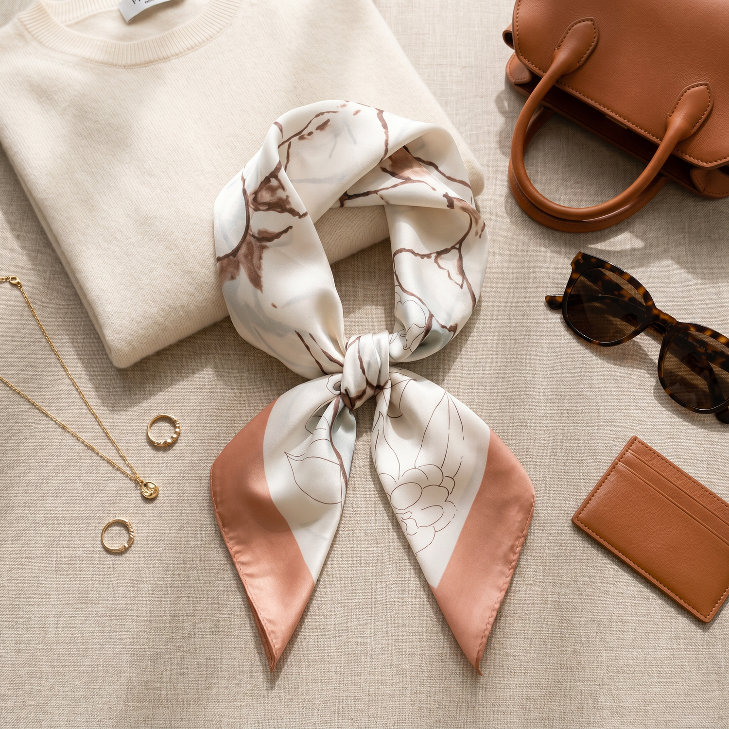 Roselys Paris foulard femme beige marron abstrait carré satiné 70x70 cm, porté au cou