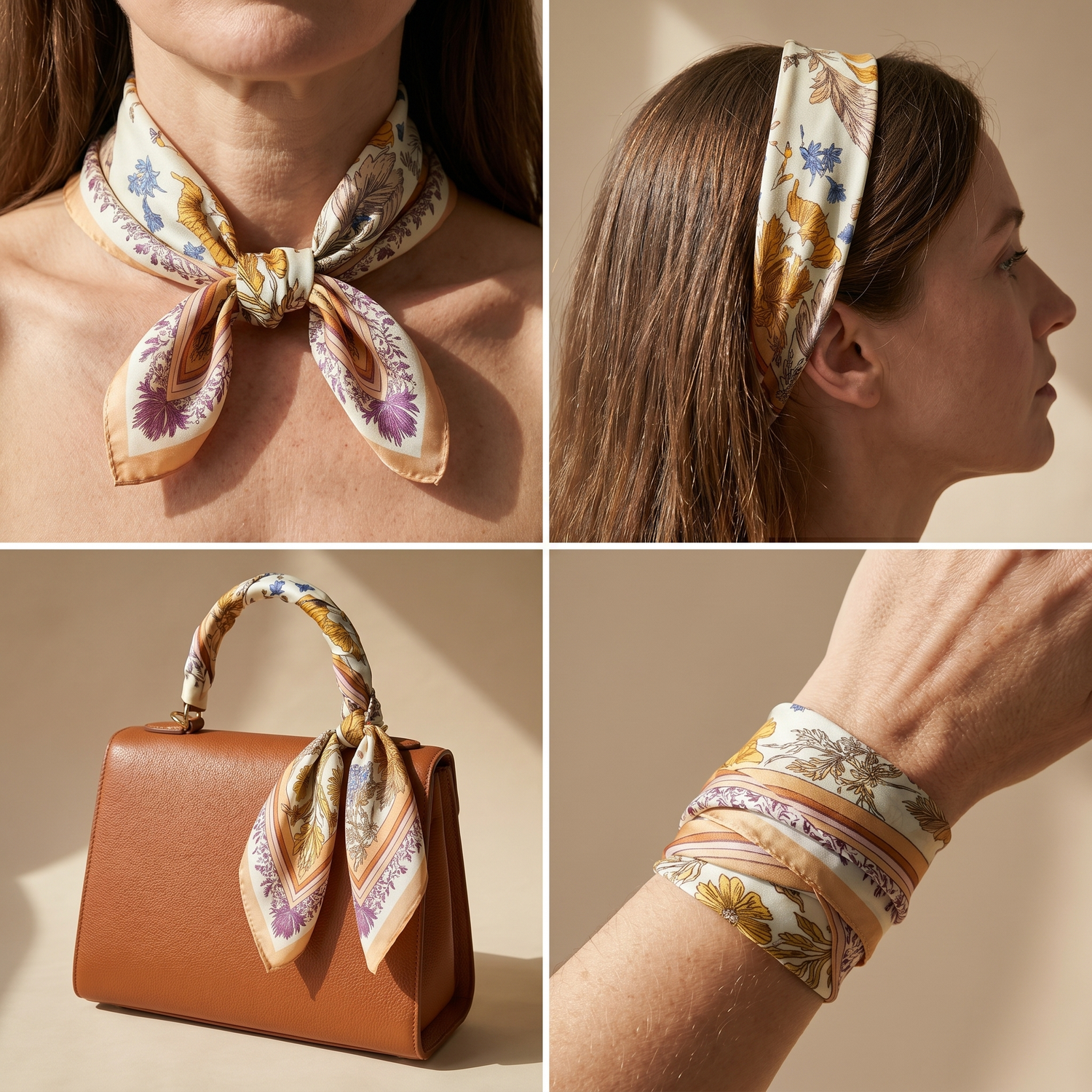 Roselys Paris foulard femme crème orange paisley carré satiné 70x70 cm, en bandeau dans les cheveux