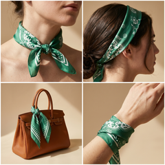 Roselys Paris foulard femme vert crème paisley carré satiné 70x70 cm, en bandeau dans les cheveux