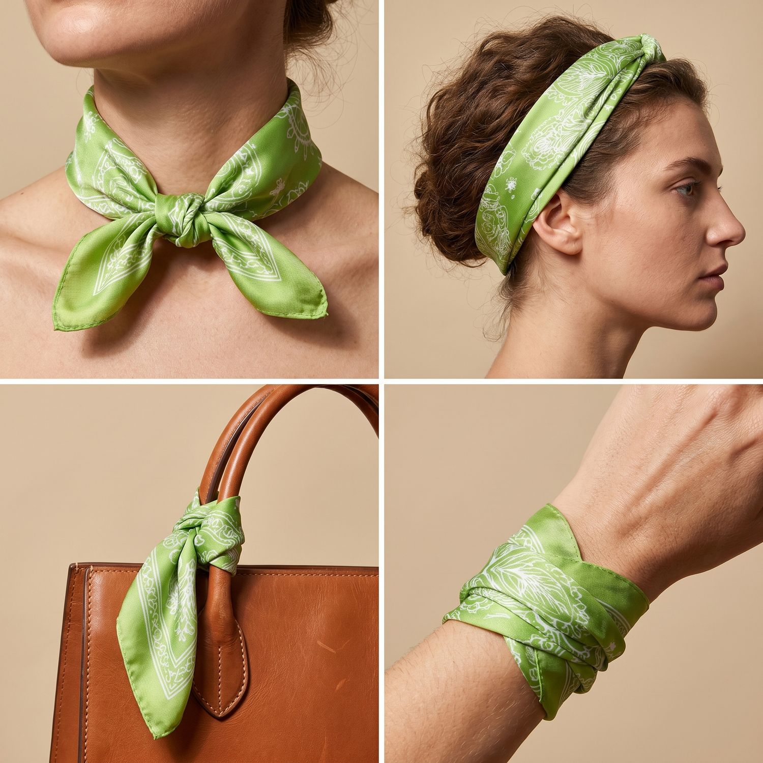 Roselys Paris foulard femme vert blanc fleuri carré satiné 70x70 cm, en bandeau dans les cheveux
