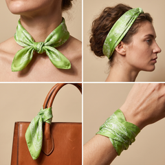 Roselys Paris foulard femme vert blanc fleuri carré satiné 70x70 cm, en bandeau dans les cheveux