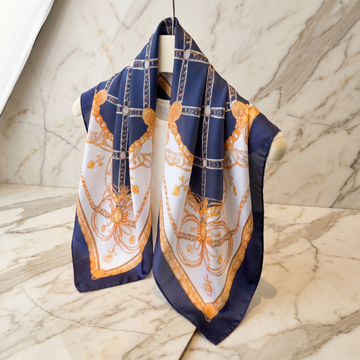 Roselys Paris foulard femme marine orange baroque carré satiné 70x70 cm