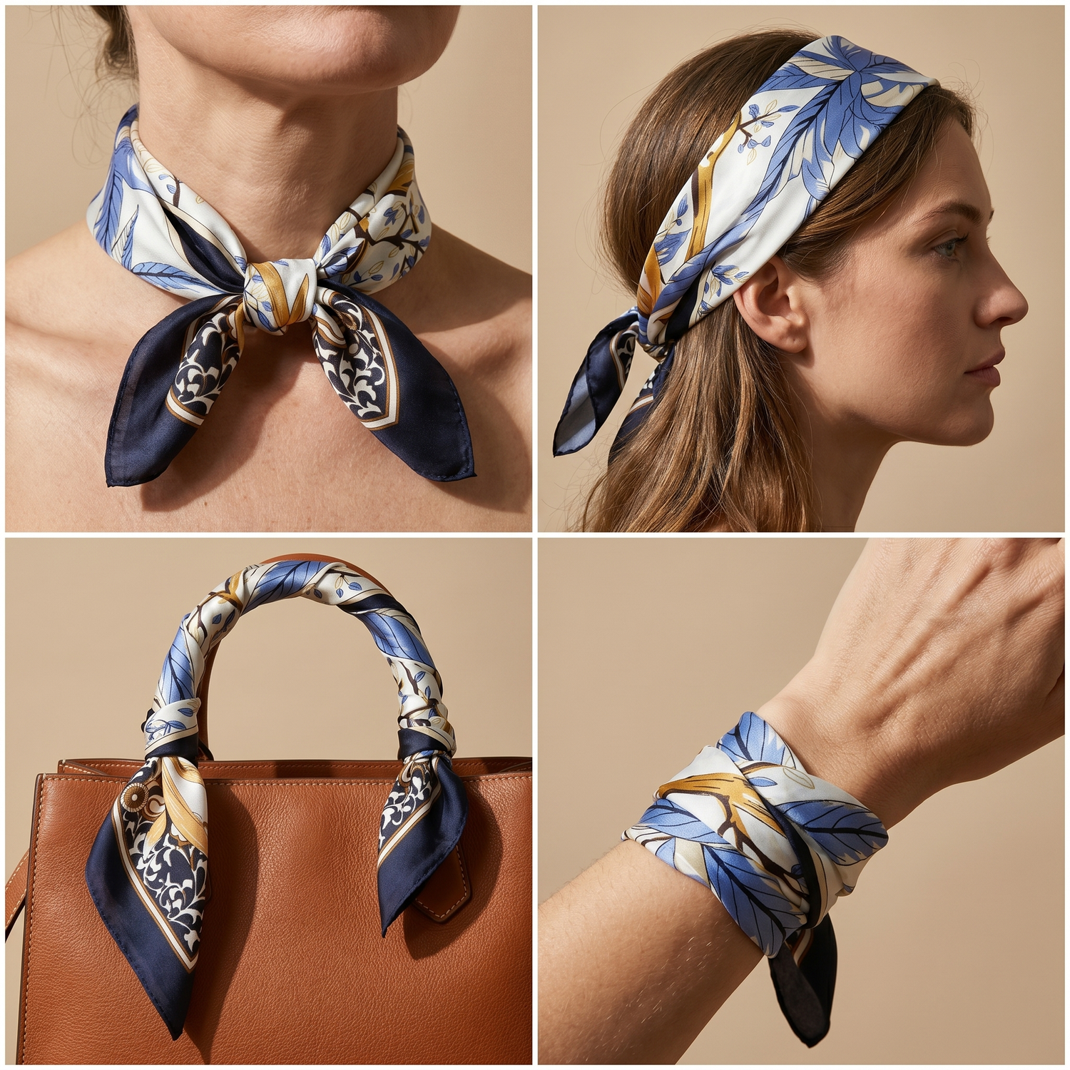 Roselys Paris foulard femme blanc bleu fleuri carré satiné 70x70 cm, en bandeau dans les cheveux