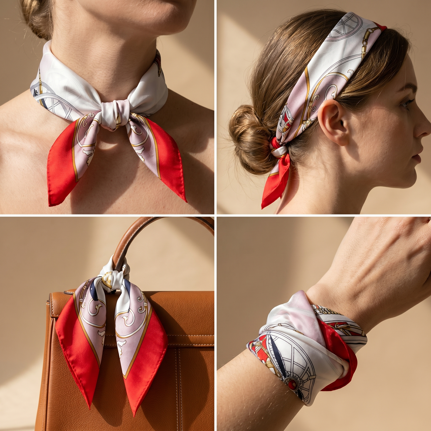 Roselys Paris foulard femme crème rouge paisley carré satiné 70x70 cm, en bandeau dans les cheveux