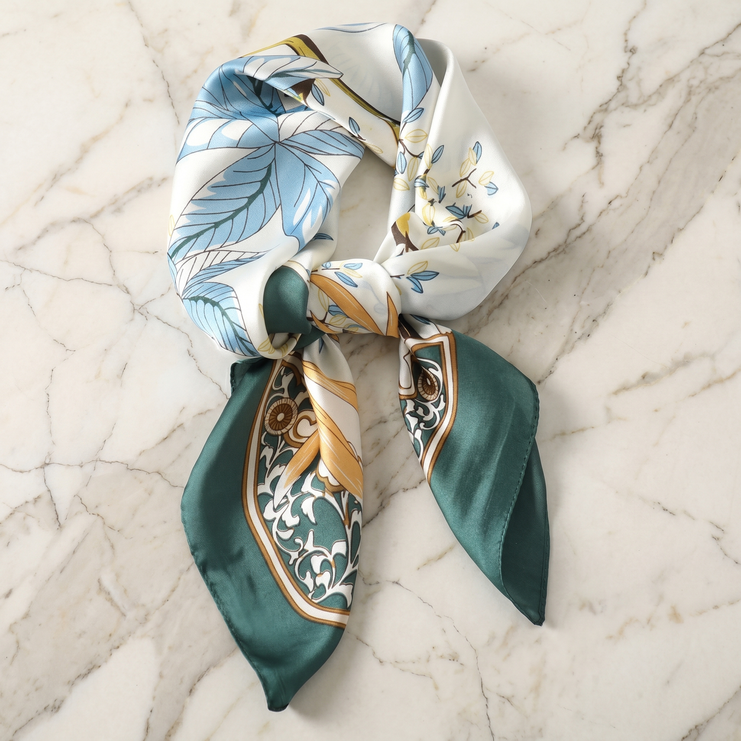 Roselys Paris foulard femme blanc vert fleuri carré satiné 70x70 cm